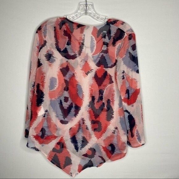 Banana Republic Top Women's S Pink Blue Pattern Sheer Asymmetrical Hem Tie Neck - Picture 6 of 10